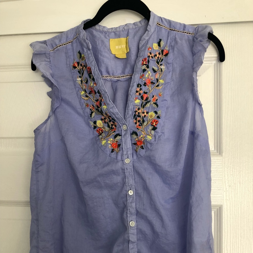 Anthropologie Maeve Embroidered Shirt Blue size 2